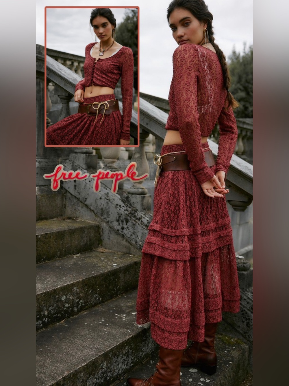 NWT Free People Arcana Set / Marsala Combo Medium Crop Top & Maxi Skirt